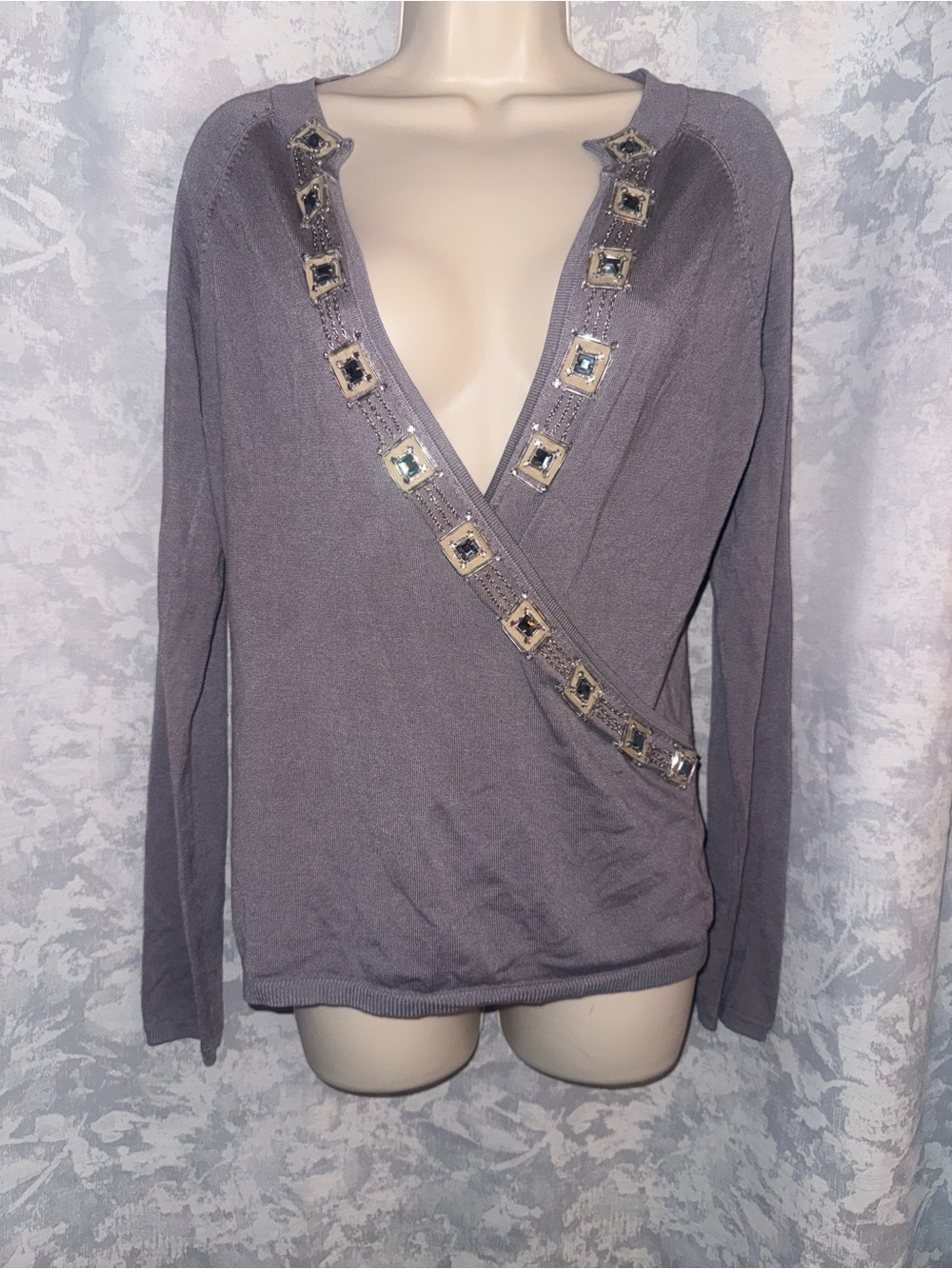Spiegel Gray Embellished Deep V-Neck Wrap Sweater